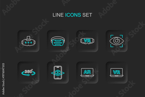 Set line Virtual reality, Augmented AR, 3d modeling, 360 degree view, Big brother electronic eye, glasses, and icon. Vector