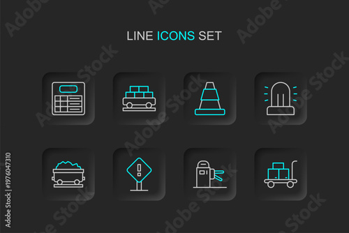 Set line Trolley suitcase, Turnstile, Exclamation mark in square, Coal train wagon, Flasher siren, Traffic cone, Cargo and Train station board icon. Vector