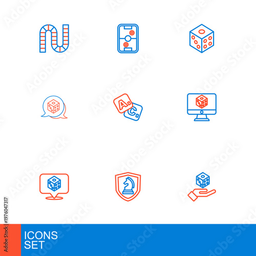 Set line Game dice, Chess, Bingo, and Air hockey table icon. Vector