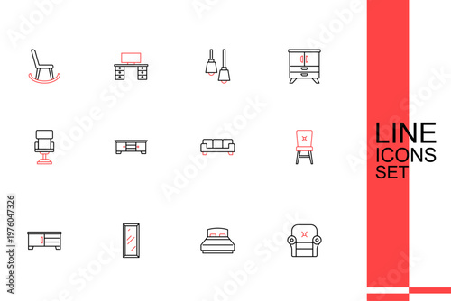 Set line Armchair, Big bed, full length mirror, TV table stand, Chair, Sofa, and Office icon. Vector
