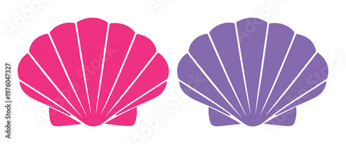 Minimalist seashell vector icons in pink and purple, flat scallop shell silhouettes, decorative marine life elements for summer beach branding