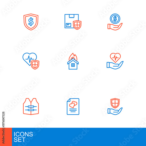 Set line Shield in hand, Marriage contract, Life jacket, insurance, with shield, Fire burning house, Money and Delivery security icon. Vector