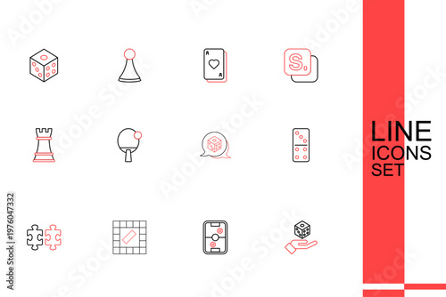 Set line Game dice, Air hockey table, Board game, Puzzle pieces toy, Domino, Racket and Chess icon. Vector