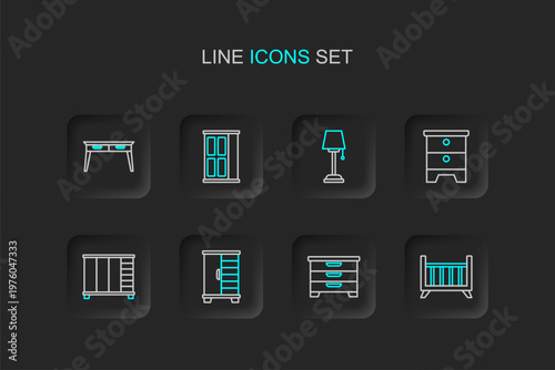 Set line Baby crib cradle bed, Chest of drawers, Wardrobe, Furniture nightstand, Floor lamp, and Office desk icon. Vector