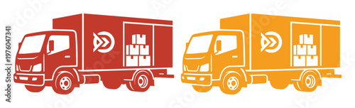 Delivery truck vector icons, red and orange cargo van set, logistics transport with cardboard boxes