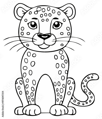 Cute black and white cartoon cheetah cub sitting facing forward with spots and whiskers