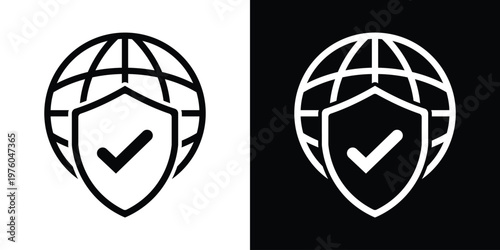 Professional icon showing a globe behind a shield with a checkmark. Represents verified security, successful global protection, and trusted international safety.