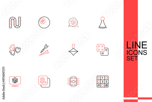 Set line Bingo card, Table football, Game dice, Whirligig toy, Dart arrow and Puzzle pieces icon. Vector