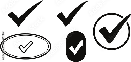 Collection of black and white check mark icons and symbols representing approval completion and positive confirmation