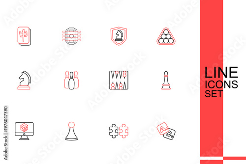 Set line Bingo, Puzzle pieces toy, Chip for board game, Game dice, Chess, Backgammon, Bowling pin and icon. Vector