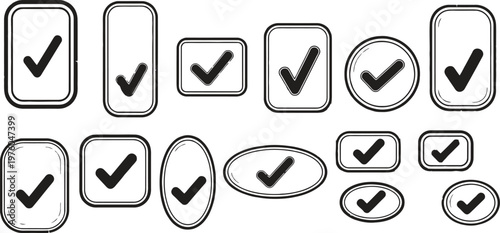Collection of hand drawn checkmark icons in rounded rectangular and oval frames representing completion and positive confirmation