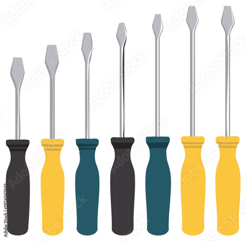Flathead Screwdrivers in Various Sizes and Colors Tool Set Equipment