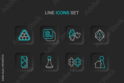 Set line Chip for board game, Puzzle pieces toy, Chess pawn, Domino, Game dice, Bingo and Billiard balls triangle icon. Vector