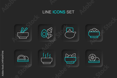 Set line Xiao long bao, Wonton, Ramen soup bowl, Sushi, Chow mein plate, Traditional tea ceremony, Chicken egg with vegerables and Asian noodles icon. Vector
