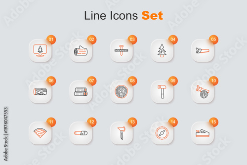 Set line Wood plane tool, Circular saw blade, Wooden axe, Chainsaw, beam, Hand and log, Hammer and Tree rings icon. Vector