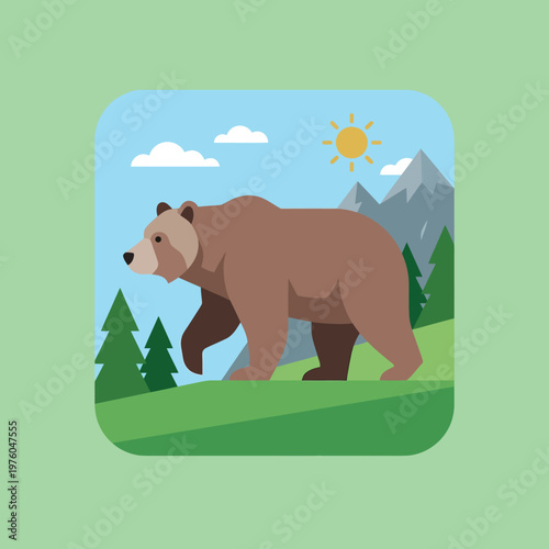 A majestic brown bear roams through a picturesque mountain landscape under a bright sun