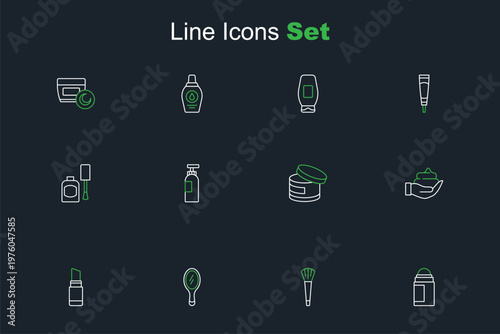 Set line Deodorant roll, Makeup brush, Hand mirror, Lipstick, Shaving foam on hand, Cream lotion cosmetic tube, Bottle of shampoo and nail polish icon. Vector