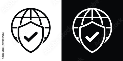 Professional icon showing a globe behind a shield with a checkmark. Represents verified security, successful global protection, and trusted international safety.