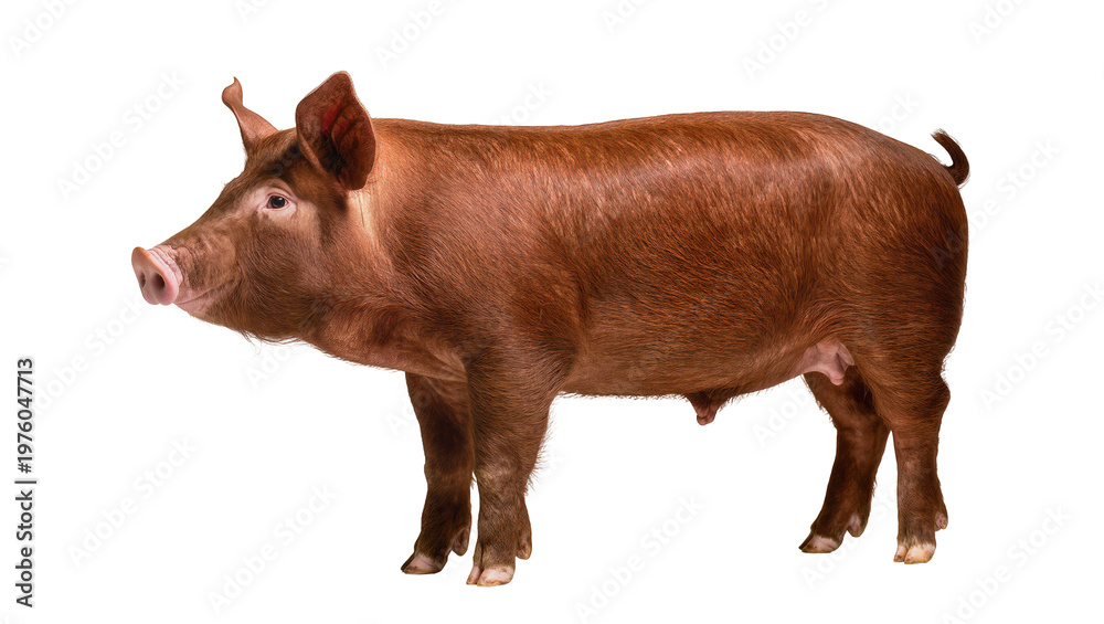 Fototapeta premium Red Brown Pig Standing Profile View Showing Full Body
