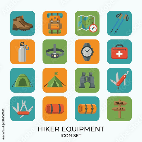 Comprehensive Icon Set Depicting Essential Gear for Outdoor Hiking Adventures and Wilderness