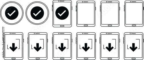 Black and white line art depicting mobile phone interface evolution and download indicators