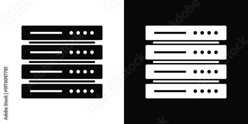 High-quality vector icon of a data server rack. Ideal for web hosting, cloud computing, data storage, and IT infrastructure concepts. Minimalist black and white style.