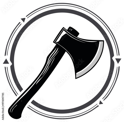 Black axe illustration inside of a circle emblem design