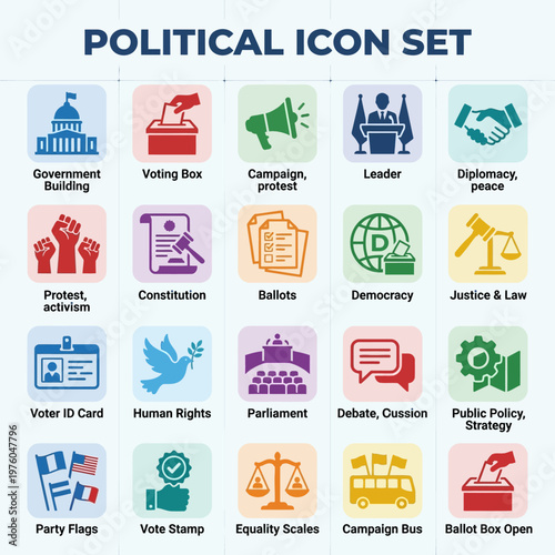 Comprehensive Political Icon Set for Civic Engagement and Governmental Representation