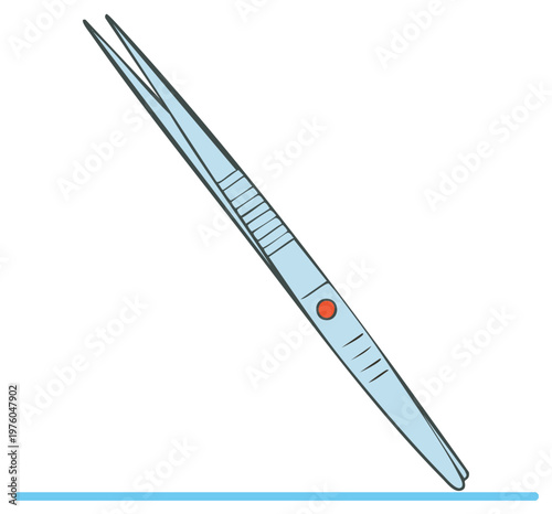 Medical Tweezers Pointing Downward on a Blue Line