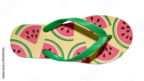 Schilderij op canvas Yellow flip-flops with watermelon pattern and bright green straps