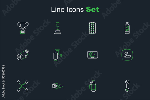 Set line Wrench spanner, Fire extinguisher, Wheel fire flame, wrench, Racing helmet, Car muffler and track icon. Vector