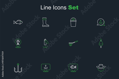 Set line Dried fish, Location fishing, Fishing hook, float, net, lure and icon. Vector