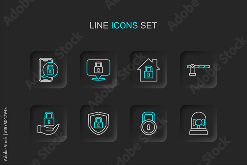 Set line Ringing alarm bell, Lock, Shield security with lock, Parking car barrier, House under protection, and Mobile closed padlock icon. Vector