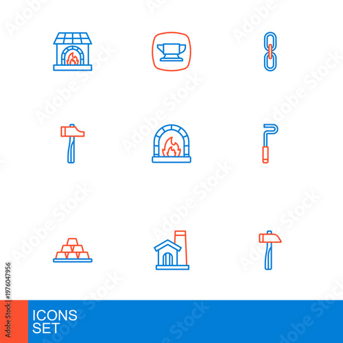 Set line Hammer, Smithy workshop interior, Gold bars, Fire poker, Blacksmith oven, Chain link and anvil tool icon. Vector