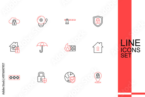 Set line Lock, Shield with world globe, security lock, Password protection, House under, Firewall, wall, Umbrella and icon. Vector