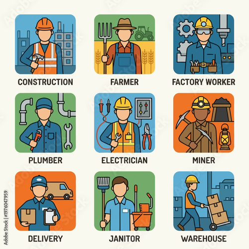 Diverse Professions Illustrated in a Grid of Square Icons