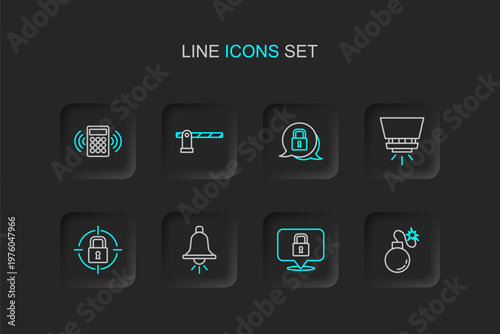 Set line Bomb, Lock, Ringing alarm bell, Fire sprinkler system, Parking car barrier and Security keypad access panel icon. Vector
