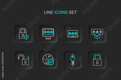 Set line Lock, Key, Shield with world globe, Open padlock, Password protection, Laptop password, Monitor and security icon. Vector