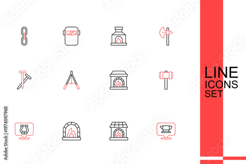 Set line Blacksmith anvil tool, oven, Horseshoe, Sledgehammer, Air blower bellows and Metallic nails icon. Vector