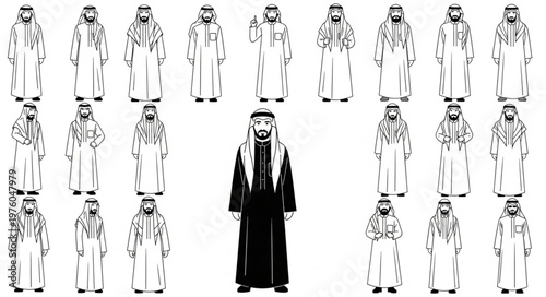 Group of Arab men in traditional attire, focused on the central figure.