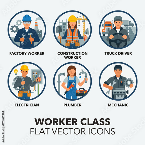 Diverse worker class professions depicted as simple flat vector icons in a grid layout