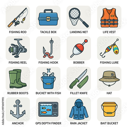 Essential Angling Gear Icons for a Successful Fishing Trip Adventure Collection