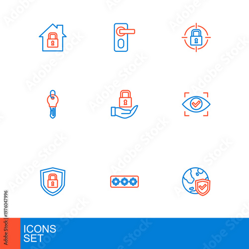 Set line Shield with world globe, Password protection, security lock, Eye scan, Key, Lock, and Fingerprint door icon. Vector