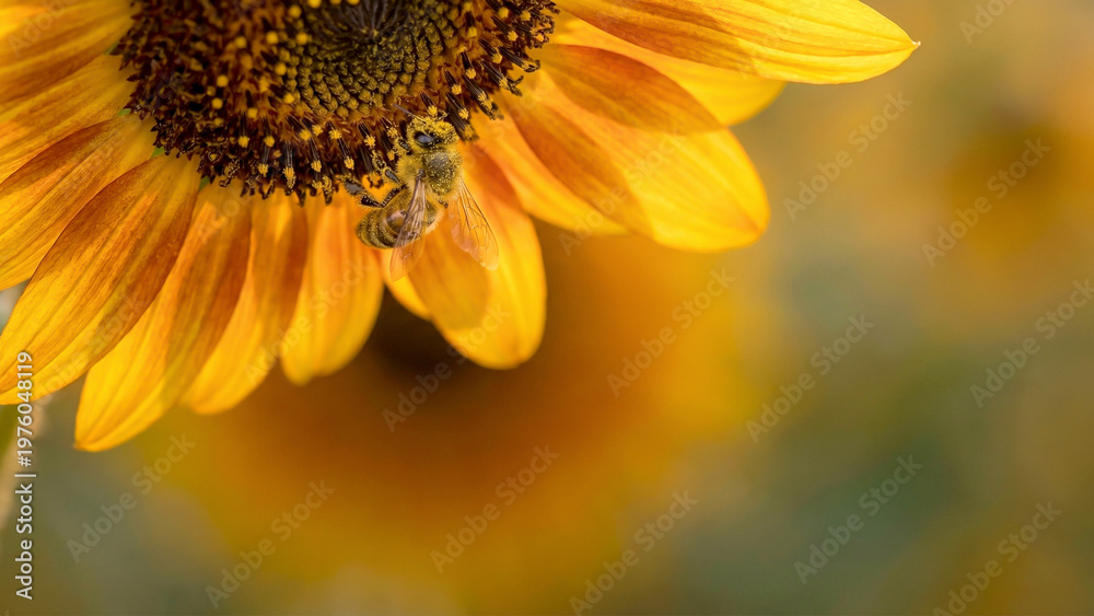 Obraz premium Sunflower close-up macro with honeybee collecting pollen in golden ...