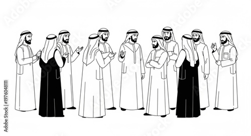 Group of Arab men in traditional attire, focused on the main subject.