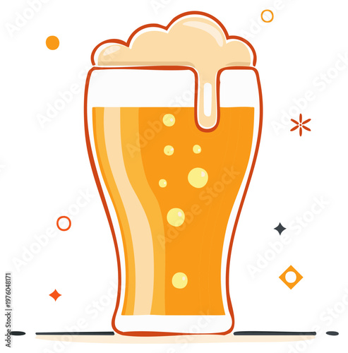 Vibrant golden beer in a tall pilsner glass with overflowing frothy foam and lively bubbles vector art