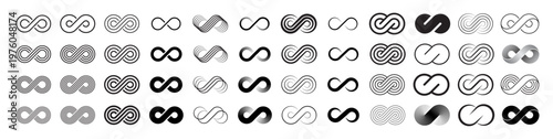 Infinity icon set. Infinity, eternity, infinite, endless, loop symbols. Unlimited infinity icons collection in flat and outline style. Stock vector illustrations