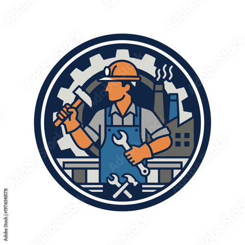 Skilled Industrial Worker with Tools and Factory Emblem Celebrating Craftsmanship and Production