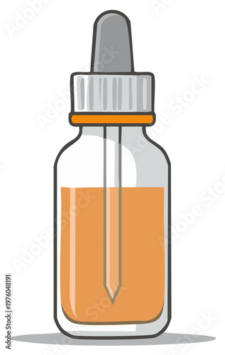 Isolated Bottle with Orange Liquid Inside and Dropper Vector Illustration, Hand Drawn Style, Cartoon Aesthetic
