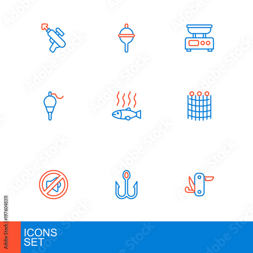 Set line Swiss army knife, Fishing hook, Speaker mute, net pattern, float, Dead fish, Electronic scales and icon. Vector